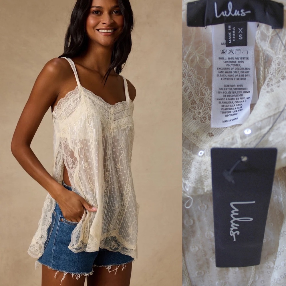 Lulus NWT Aylani Cream Sheer Lace Sequin Slip Cami Top XS Brand New